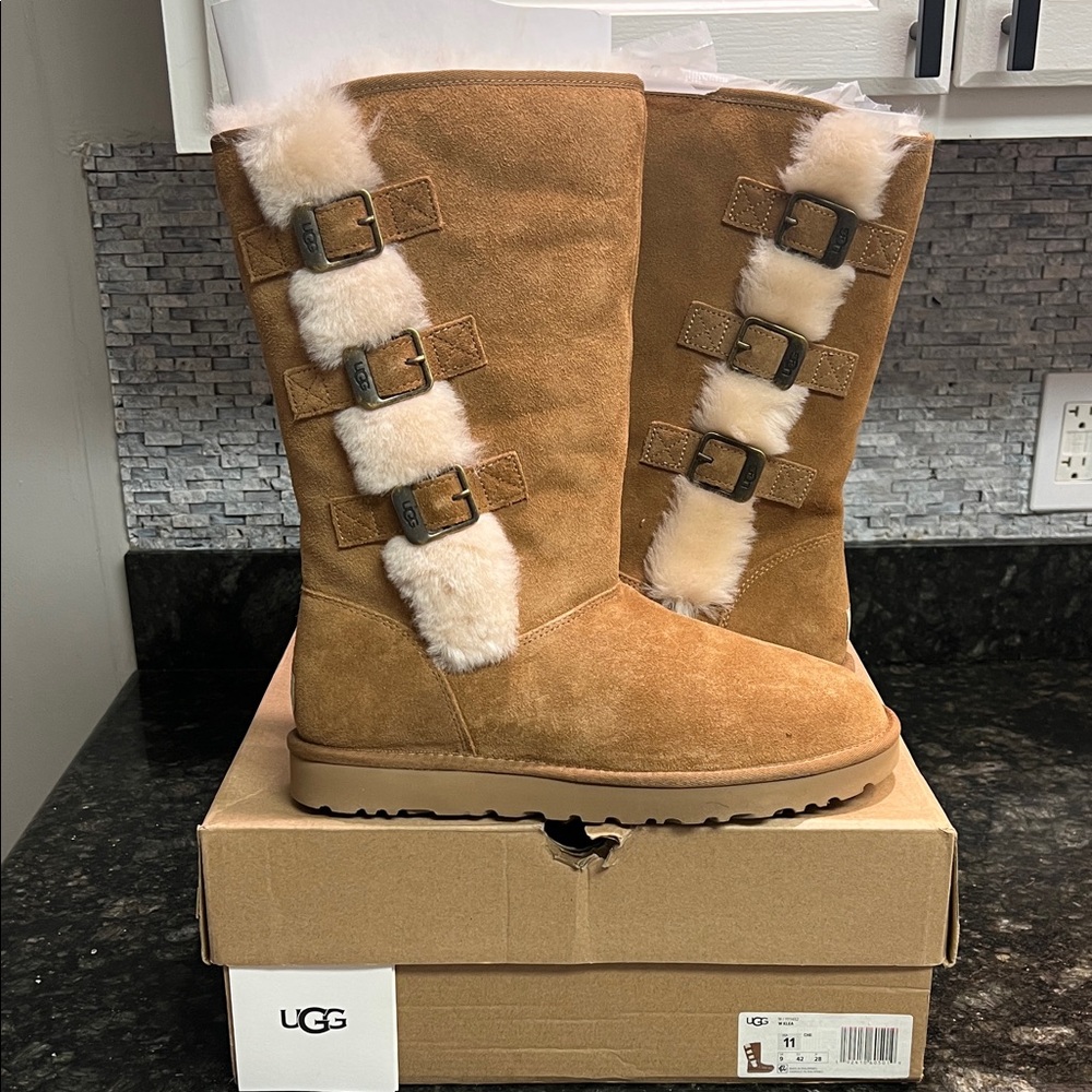 UGG Women's Brown Boots with Fur and Buckle Details